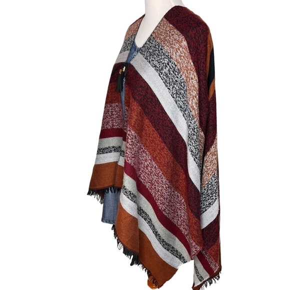 Andrew Mark Aztec Print Large Fringe Shawl Cape Wrap Autumn Colors Stripes Scarf - Picture 4 of 13
